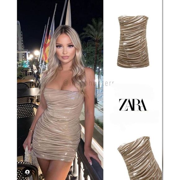 Zara Dresses & Skirts - ZARA GOLD METALLIC STRAPLESS MINI DRESS WITH STRAIGHT METALLIC